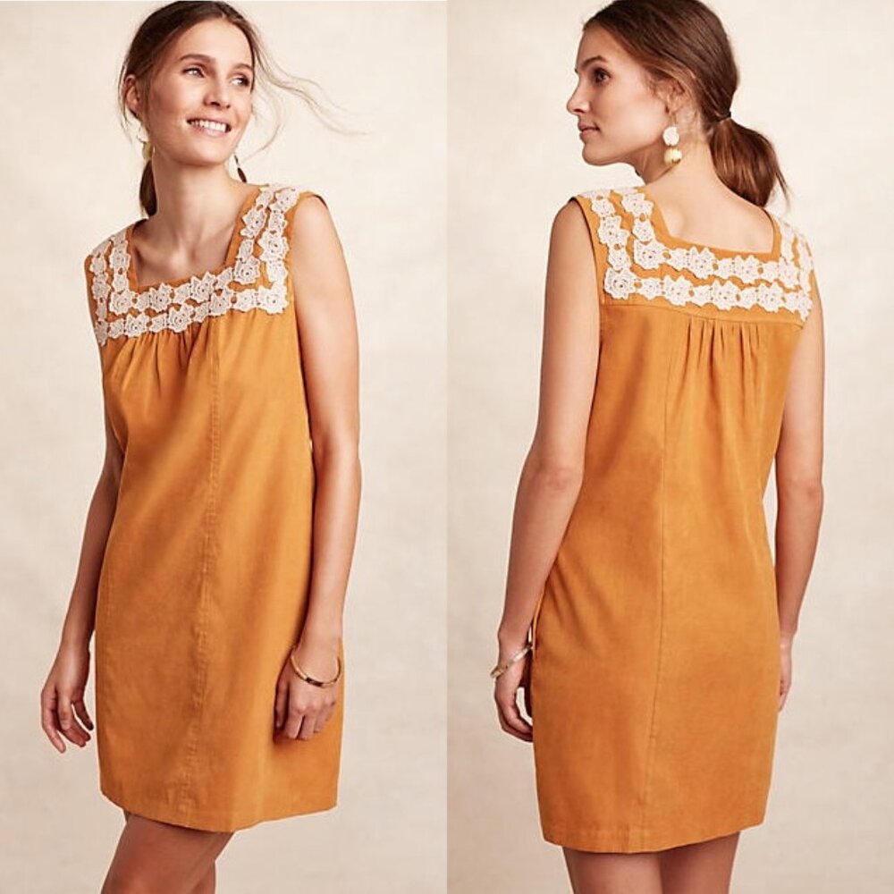 Anthropologie Rosette Lace Shift Dress Sleeveless Gold with Crochet Detail